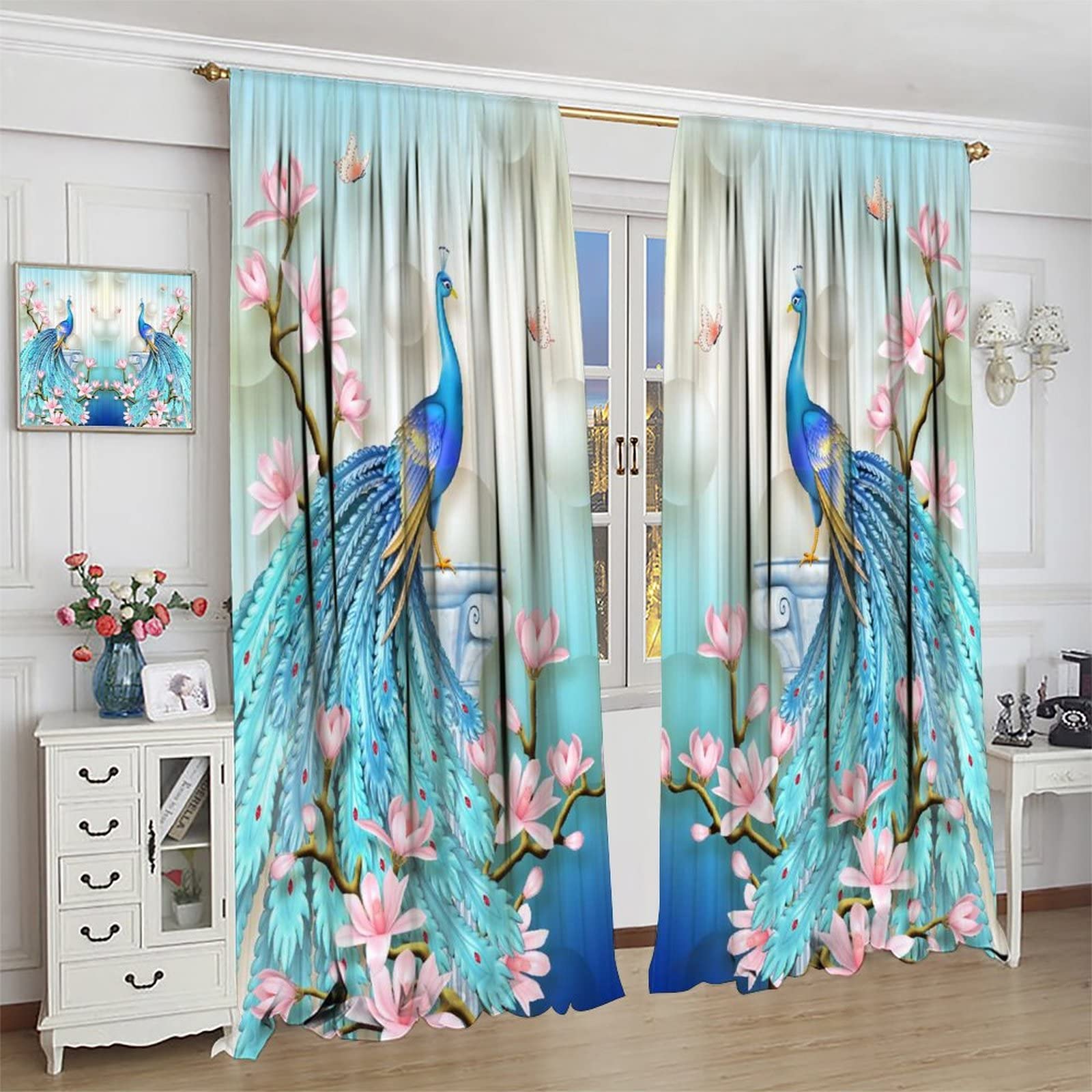 Amazon.co.jp: 孔雀 遮光カーテン ブルー クジャク フラワー パール